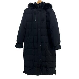 Anne Klein Black Down Fill Puffer Parka Maxi Coat Fox Fur Trim Hood Womens Large
